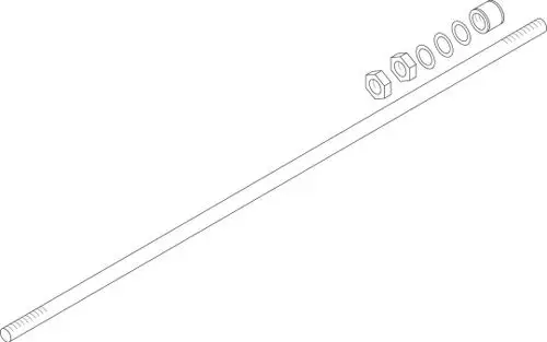 Lange Metallstange mit Gewinde an einem Ende, begleitet von mehreren Mutter- und Unterlegscheiben, typisches Zubehör von Bosch für sichere Verbindungen.